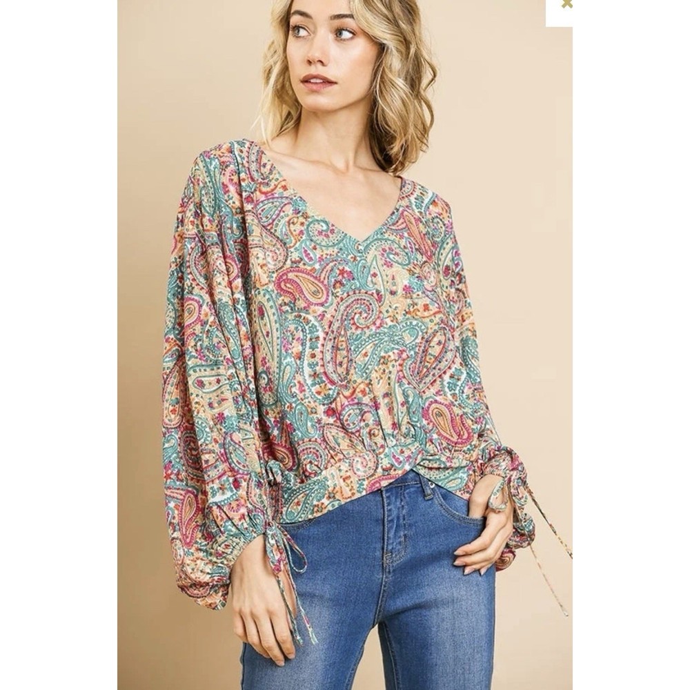 Umgee Womens Large Paisley Print Puff Dolman Sleeve Boho Blouse Top