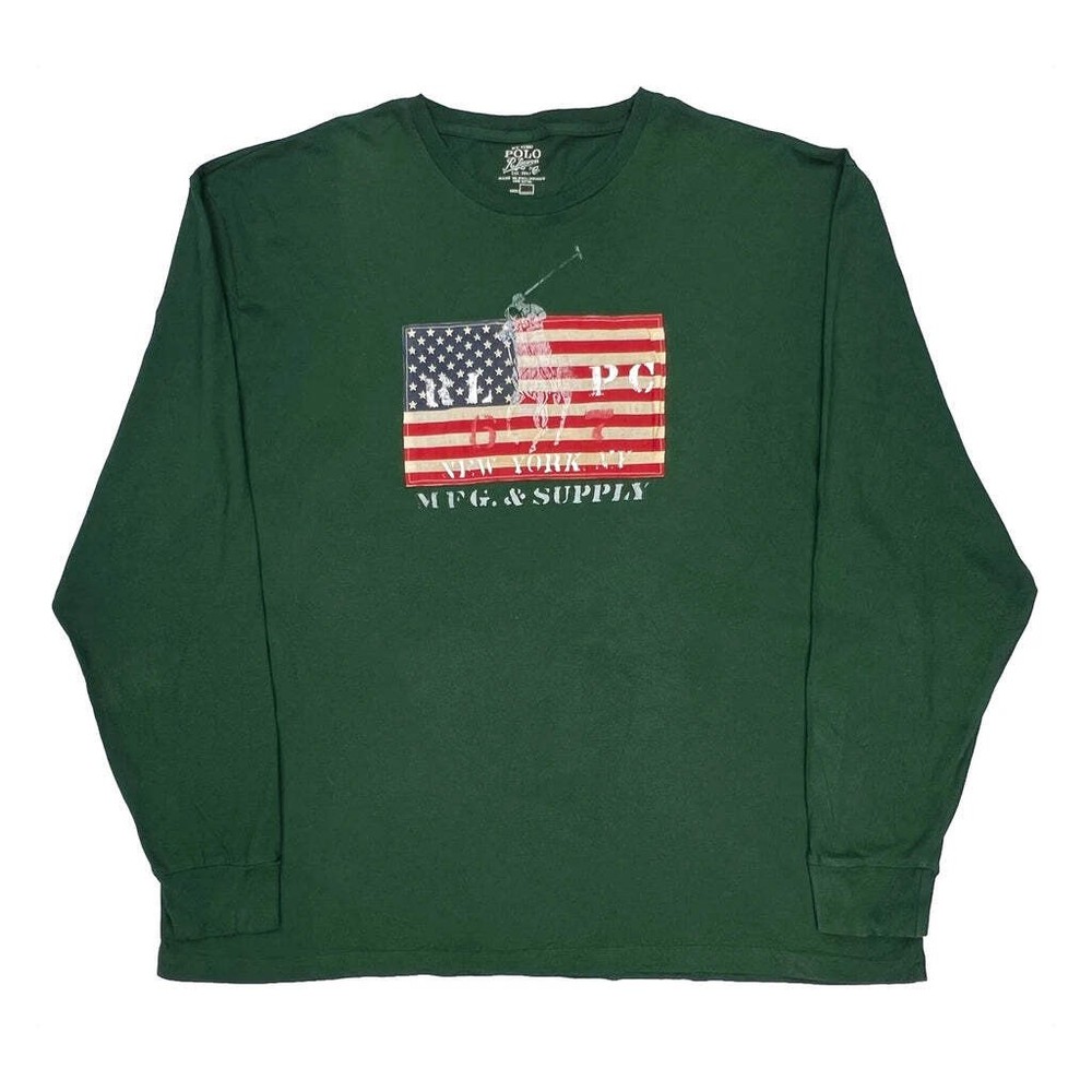 American Flag Design Polo By Ralph Lauren Graphic Long Sleeve T-Shirt - 2XL Gree