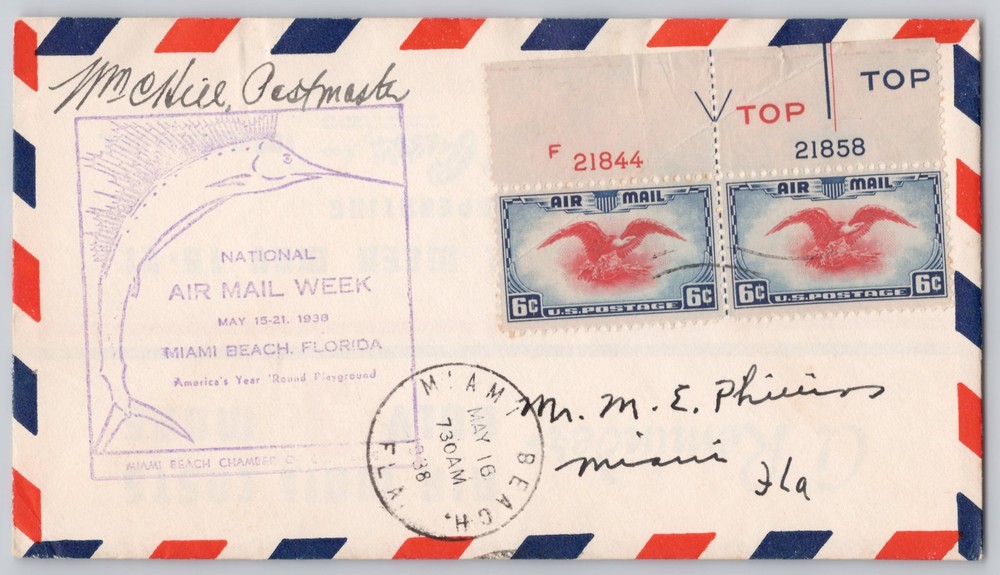 Miami Beach, Florida National Air Mail Week cachet, pair 6c, 1938