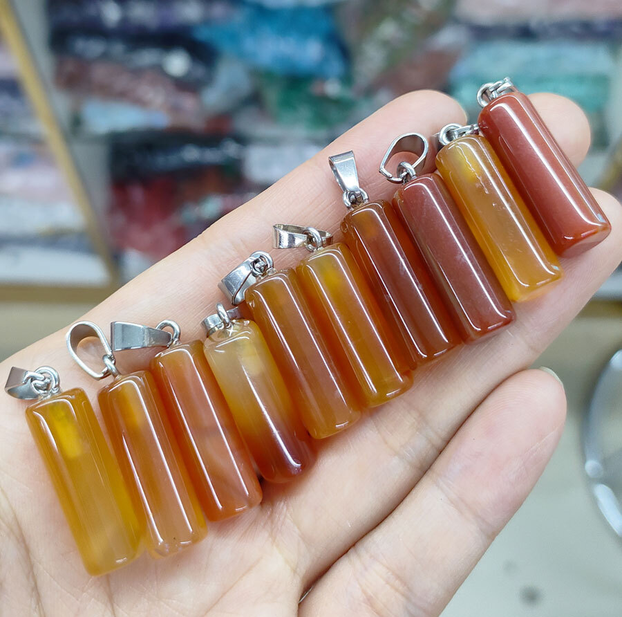 10pcs Natural Red AGate Gems Cylinder Pendants Amulet stainless steel