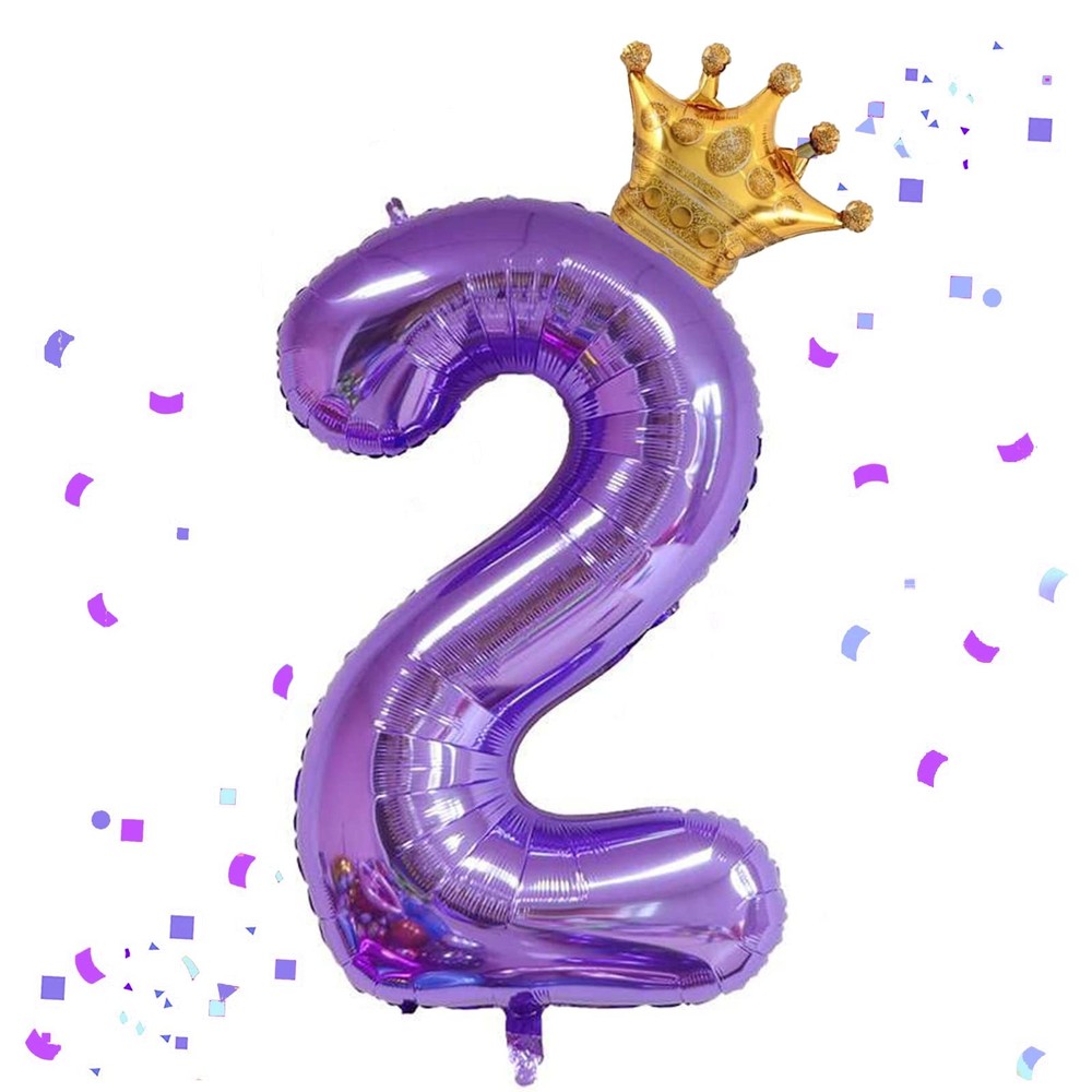 40 Inch Purple Number 2 & Mini Crown Balloon for Birthday Party Decorations, ...