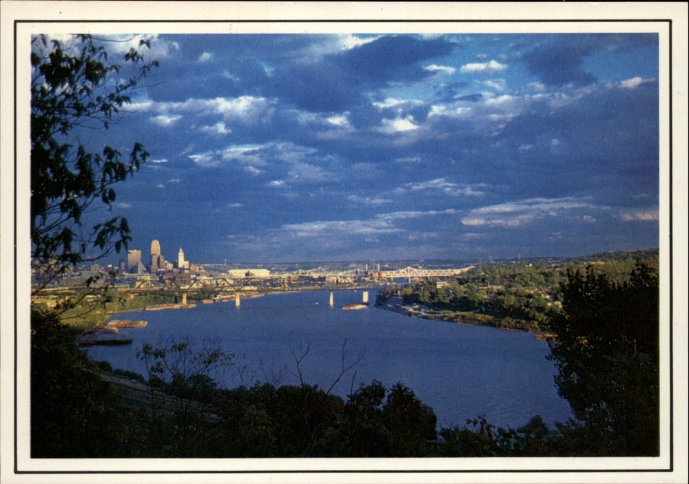 Cincinnati Ohio panoramic aerial view bridge and skyline scenic vintage postcard