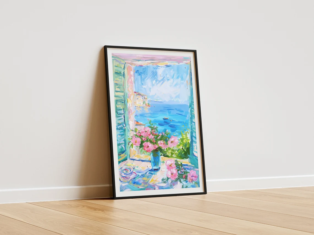Rose Flowers in Window with Coast View Poster Premium Quality Choose your Size