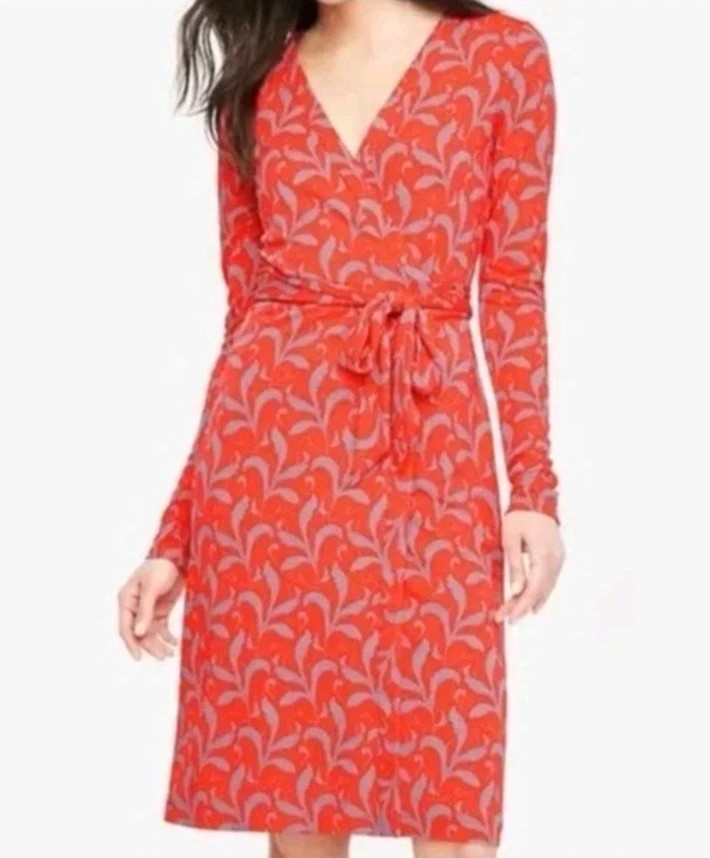 Ann Taylor Fern Always Wrap Dress Size 14 Coral Orange Long Sleeve