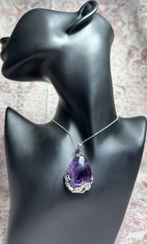 Handcrafted Amethyst Teardrop Pendant Necklace Silver Cable Chain