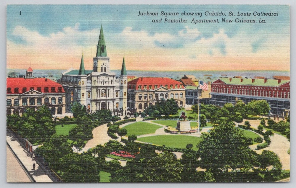 Jackson Square New Orleans LA Postcard St. Louis Cathedral Cabildo Pontalba