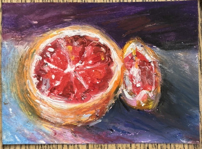 ACEO PRINT Juicy Ruby Grapefruit, Oil Pastel Still Life Painting 3.5x2.5 in