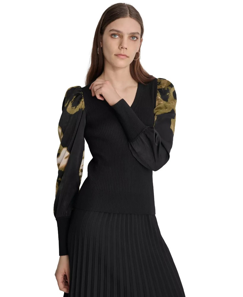 DKNY Womens V-Neck Rib-Knit Satin Long Sleeve Top Size L