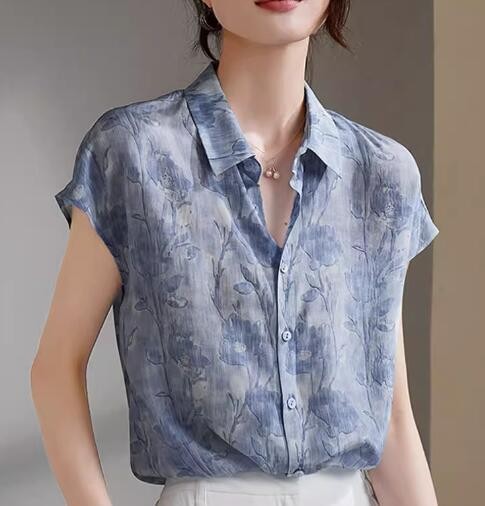 Women's Short Sleeved Top Lapel Faux Silk Retro Style Summer Shirt Sping size