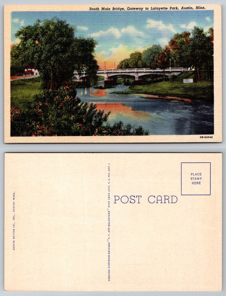 South Main Bridge Austin MN Postcard Lafayette Park Curteich Linen Vintage