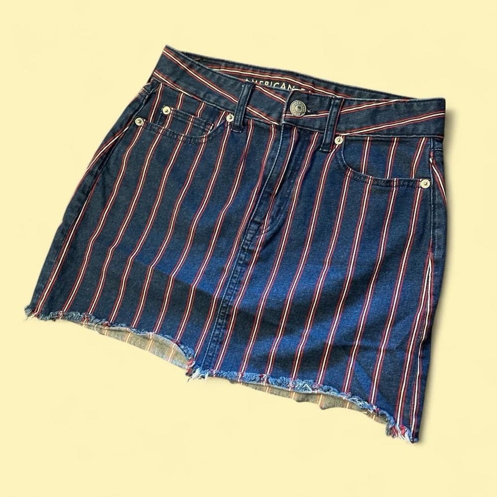 American Eagle Striped Denim Mini Skirt Size 2 High Rise Stretch Raw Hem