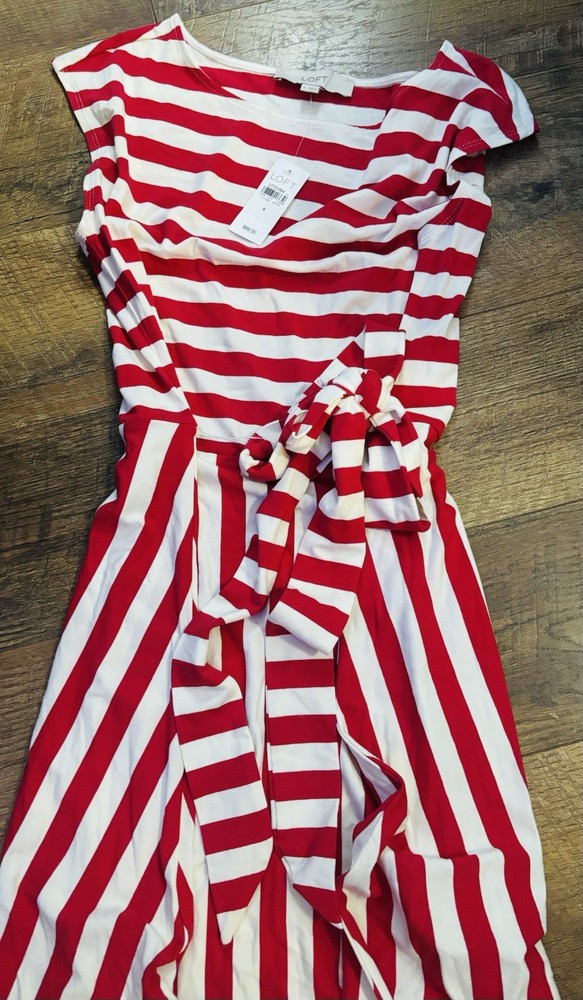 Ann Taylor LOFT Striped Tie Waist Flare Dress Size 4 Regular Whisper White Color