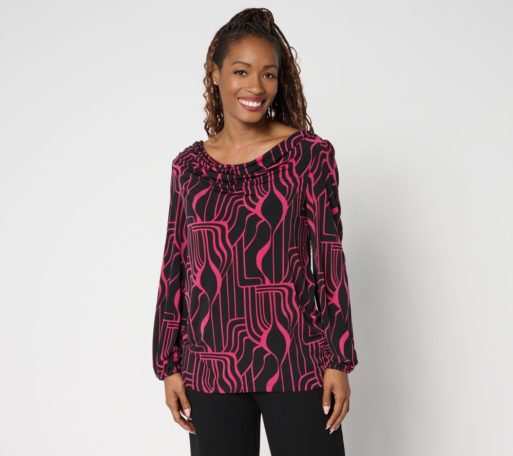Susan Graver Women's Top Sz M Printed Liquid Knit Cowl Neck Multi-colored