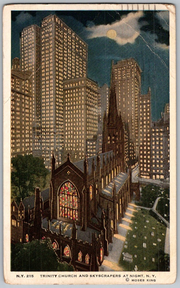 Antique Postcard Trinity Church Night View New York, NY 1910s