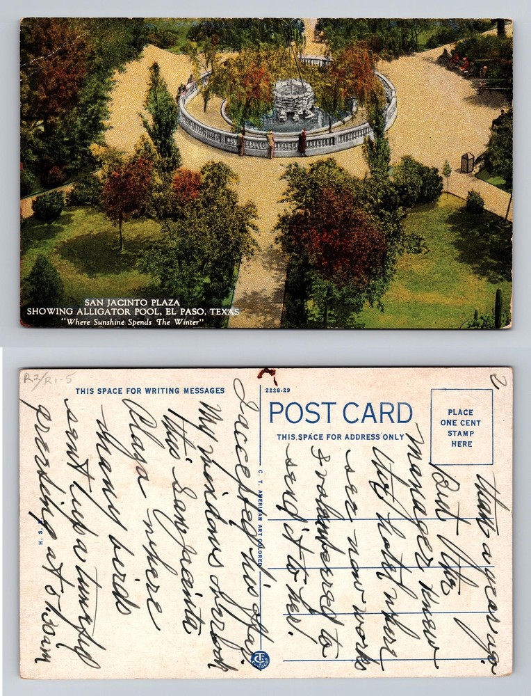 El Paso, TX-Texas, San Jacinto Plaza Alligator Pool Vintage Postcard
