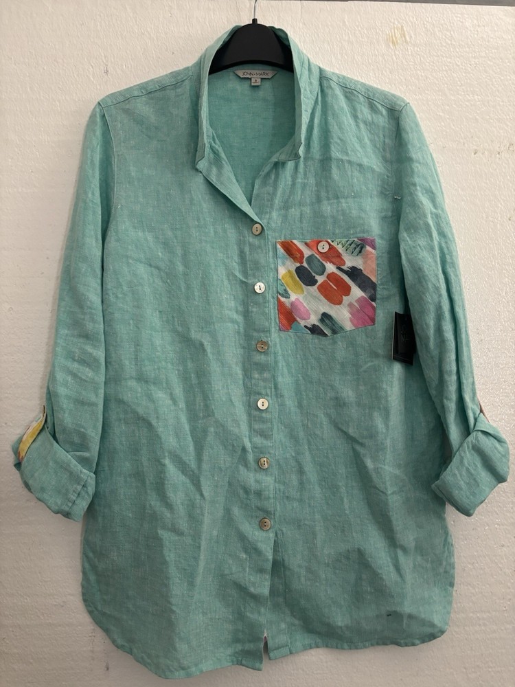 Top túnica John Mark verde aguamarina y estampado abstracto lino botón delantero talla S nuevo con etiquetas $149
