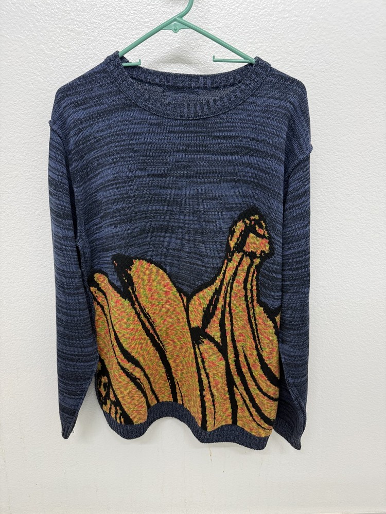 Issey Miyake Men Blue Knit Sweater with Abstract Graphic Design-image