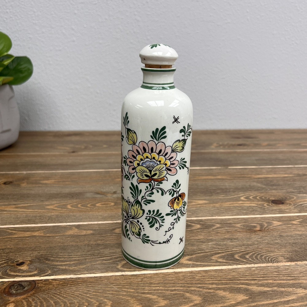 VTG BOLS Floral Decanter Bottle w Cork Stopper Delft Polychroom Made in Holland