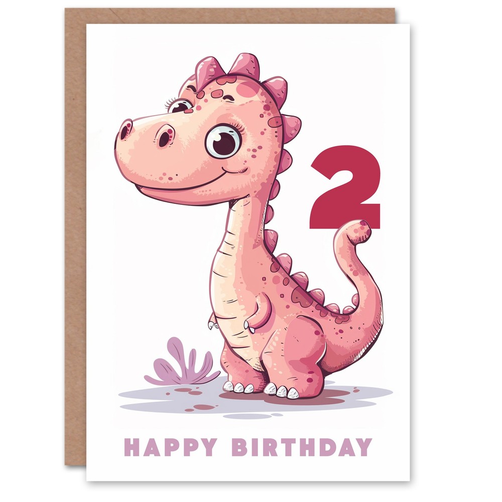 2nd Birthday Card Cute Pink Baby Dinosaur Cartoon Kids Age 2 Year Old Child