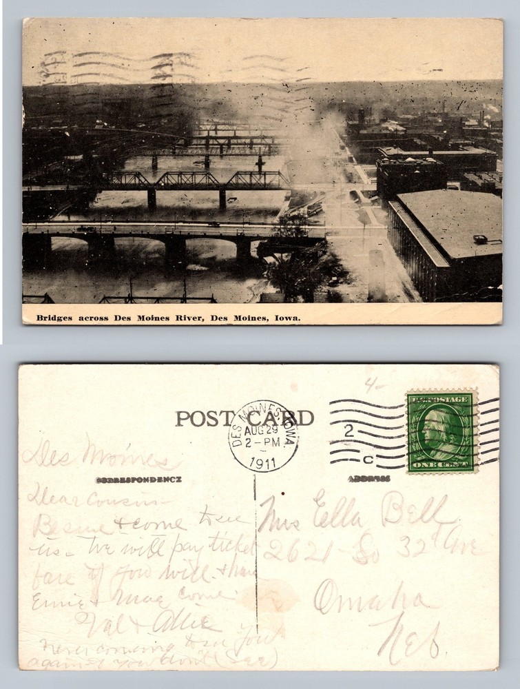 Des Moines IA-Iowa Des Moines River Multiple Bridges View Vintage c1911 Postcard