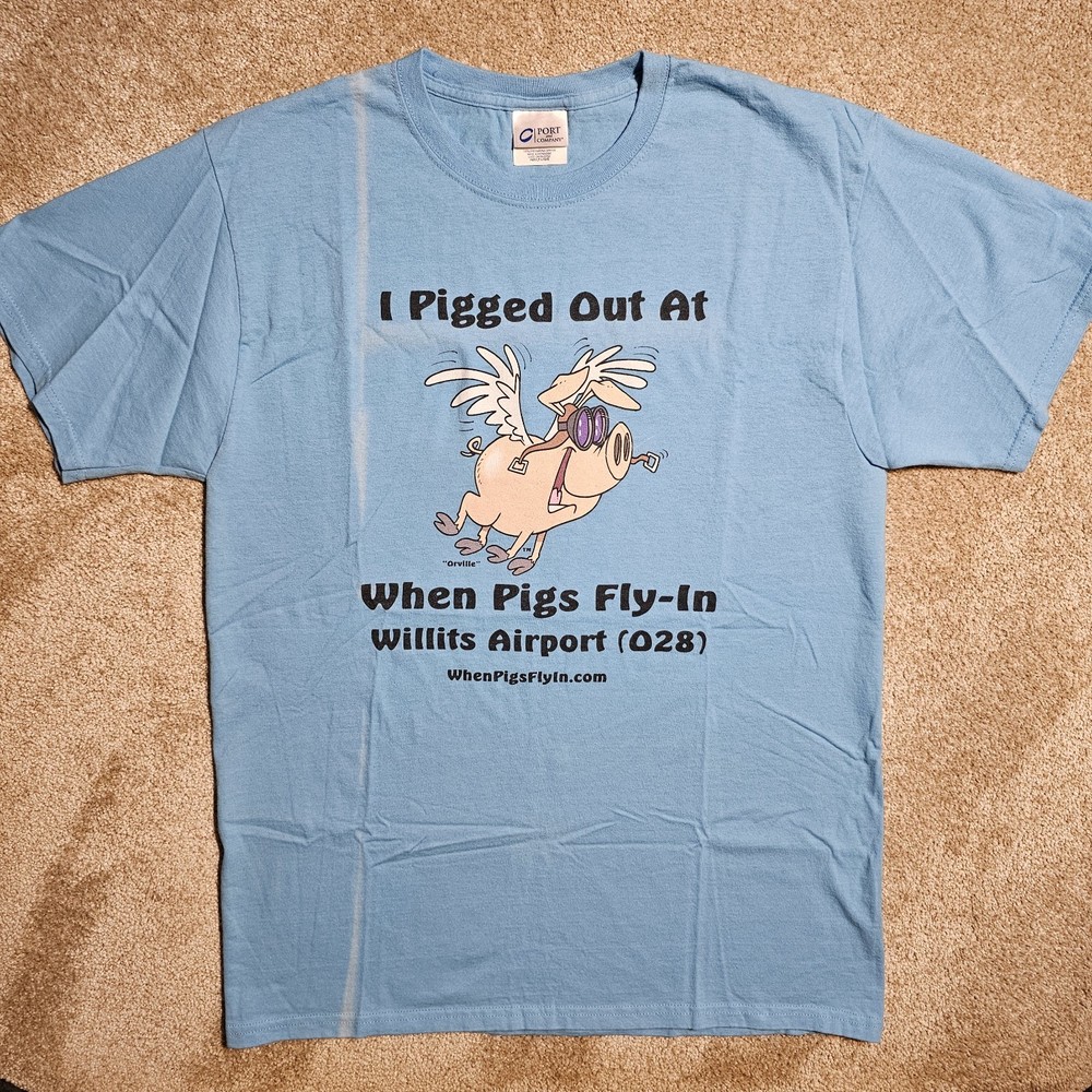 Vtg Y2k Pigs Fly In Airport Restaurant Large T-Shirt Graphic Blue Indie Skate