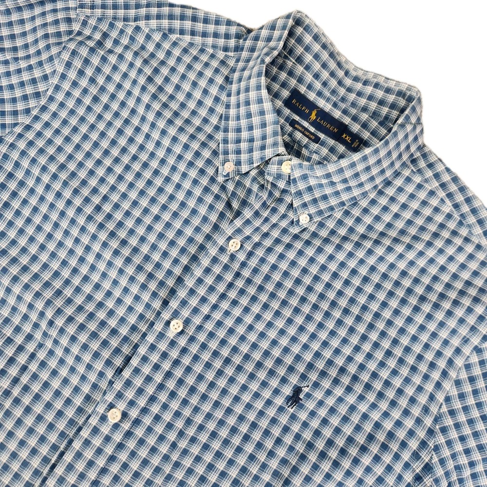 Ralph Lauren Shirt Mens 2XL XXL Blue Button Up Short Sleeve Indigo Oxford Plaid