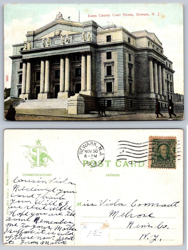 Essex County Court House Newark NJ 1908 Postcard - Classic Neo-Classical View