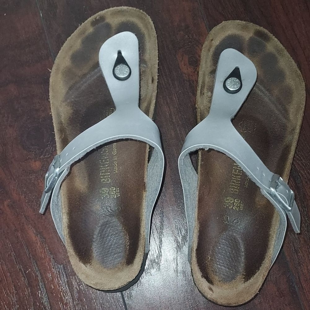 Birkenstock Silver and Brown Sandals with Contoured Footbed Sz-8