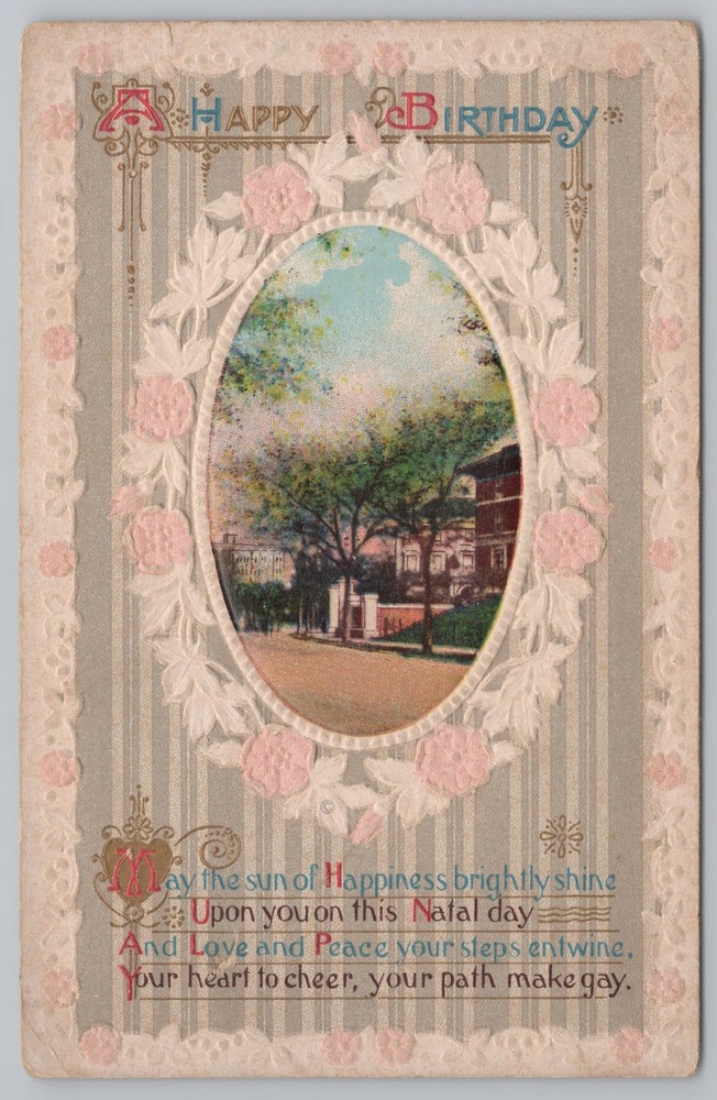 Greetings~Birthday~Town In Oval~Pink White Emboss Flowers~Julius Bien~1913 PC