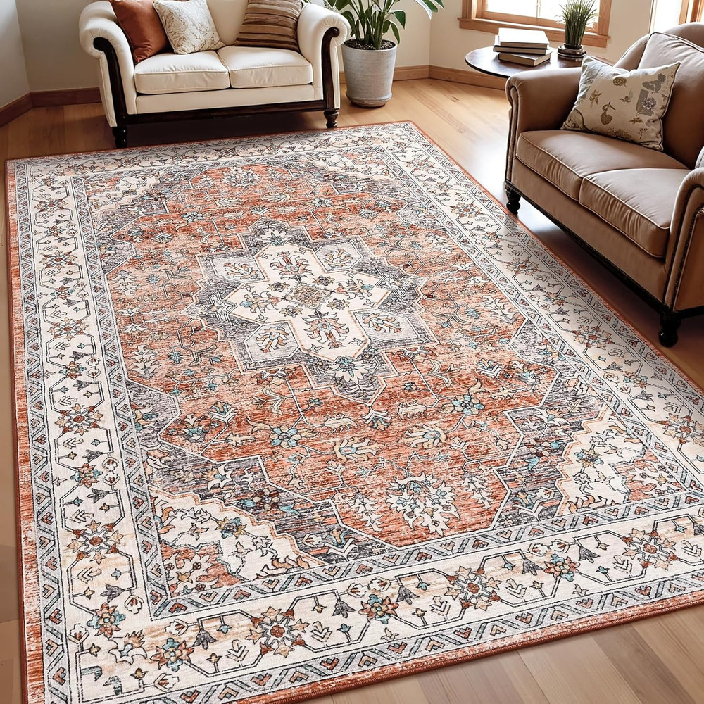 5'X7' Vintage Floral Area Rug for Living Room, Soft Washable Low-Pile Carpet wit