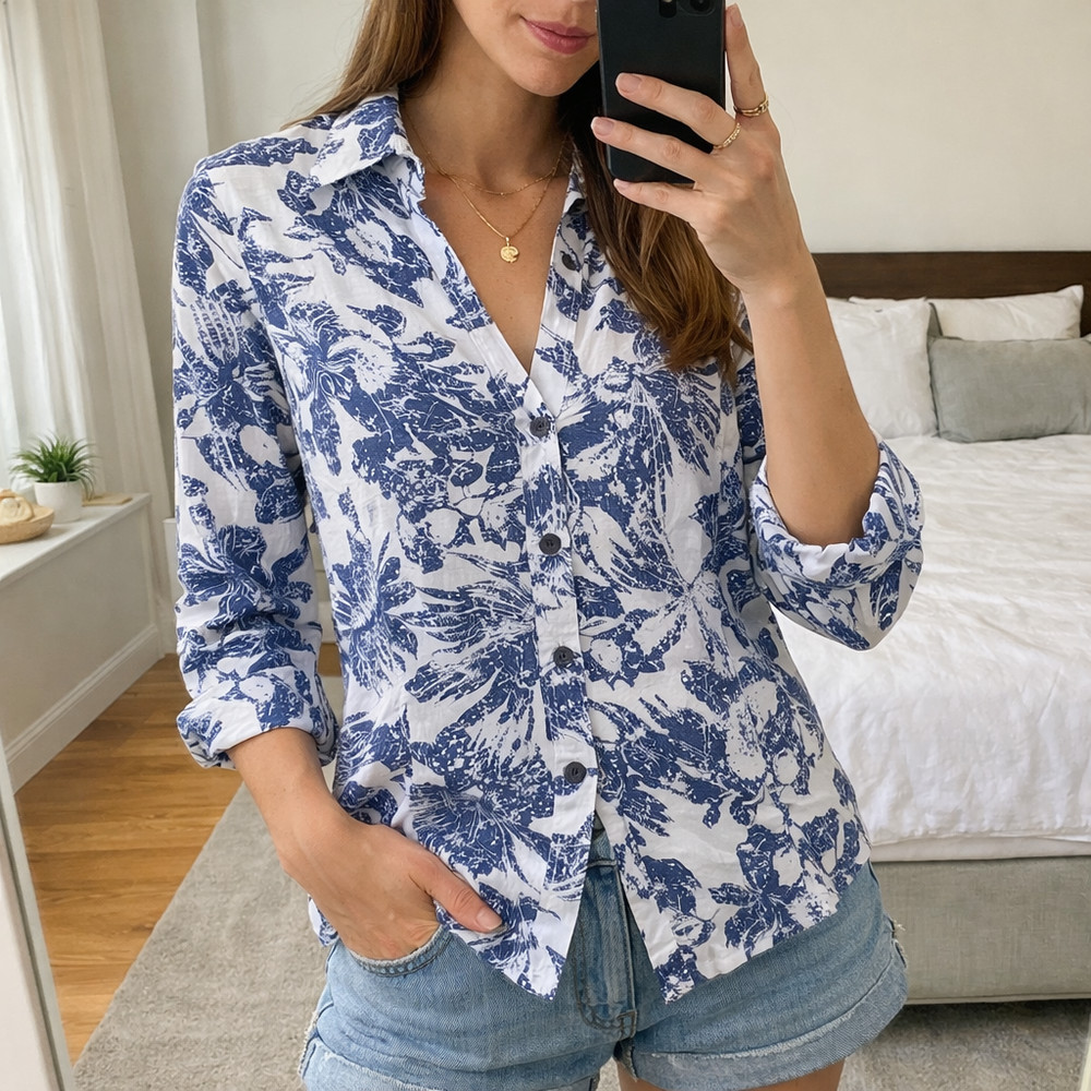 Harve Benard Linen Cotton Button Shirt Blue White Floral Women's L 3/4 sleeve