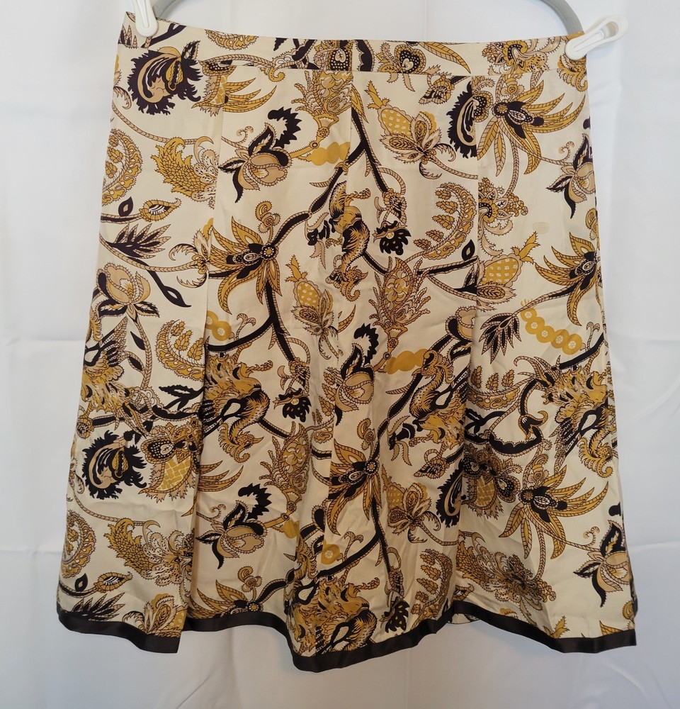 Old Navy Skirt Womens Size 14 100% Silk Pleated Ivory Gold Brown Lined