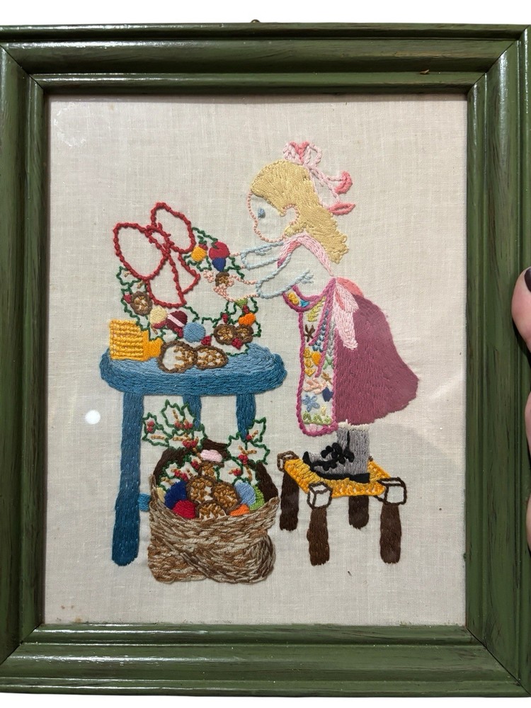 VTG Hand Embroidered Needlework Wall Art Girl Decorating Holiday Wreath Framed
