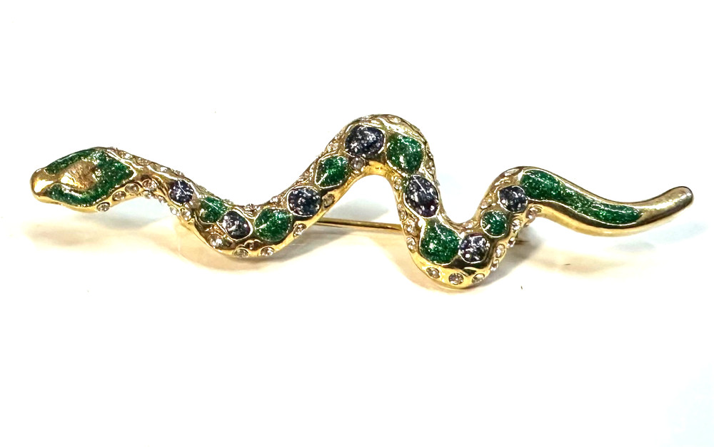 Signed Vtg Costume Green & Blue Snake Gold Tone Brooch Jewelry Lot I
