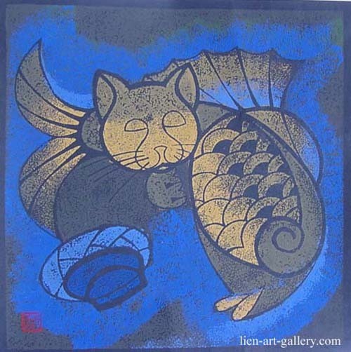 Nguyen Cong Quang Vietnamese abstract cat and fish Graphic painting art in heart-image