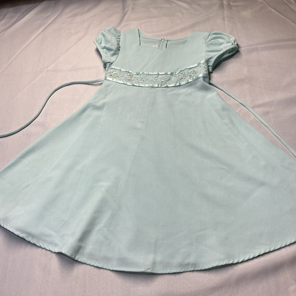 Bonnie Jean Girl’s Midi Dress Sz 5 A-line Linen Blend Powder Blue Back Zip/Tie