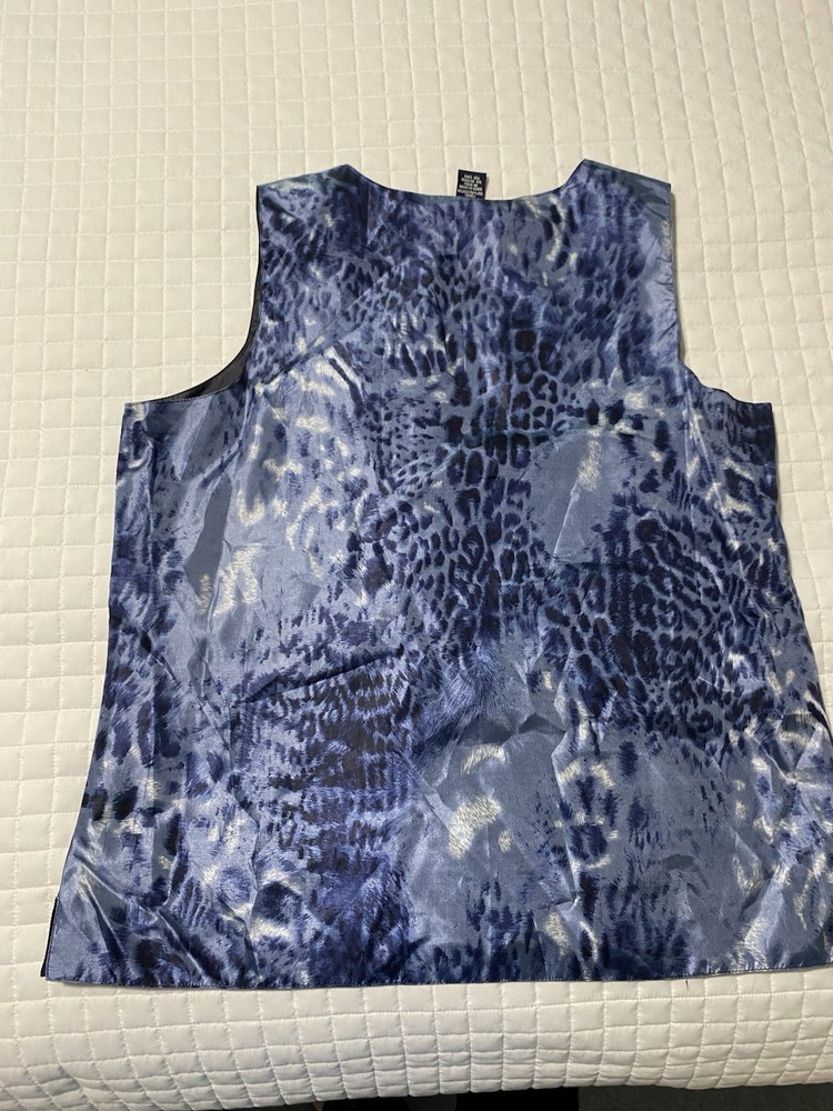 Susan Graver Style Blue Leopard Print Satin Tank Top Lined Sleeveless Blouse L