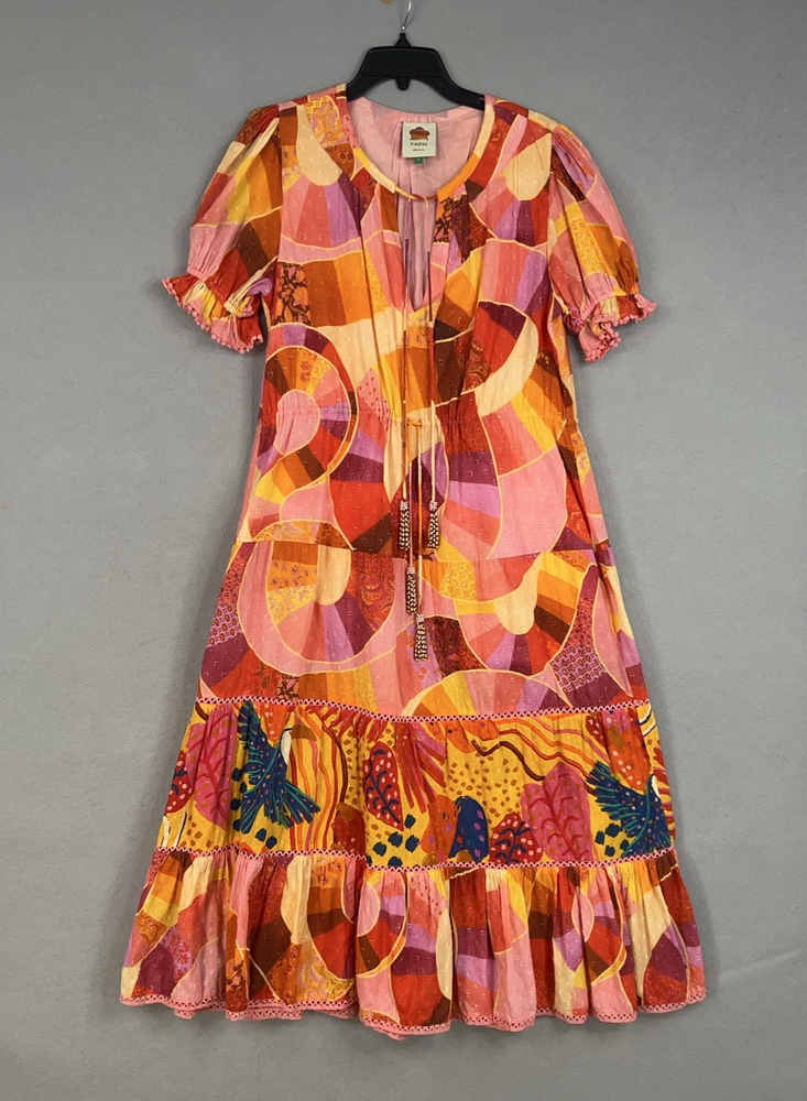 Farm Rio Dress Womens Large Red Orange Patchwork Twirl Boho Ruffle Peasant Loud