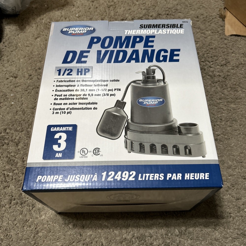 1/2 HP Superior Thermoplastic Submersible Sump Pump with Tethered Float - Model 92570