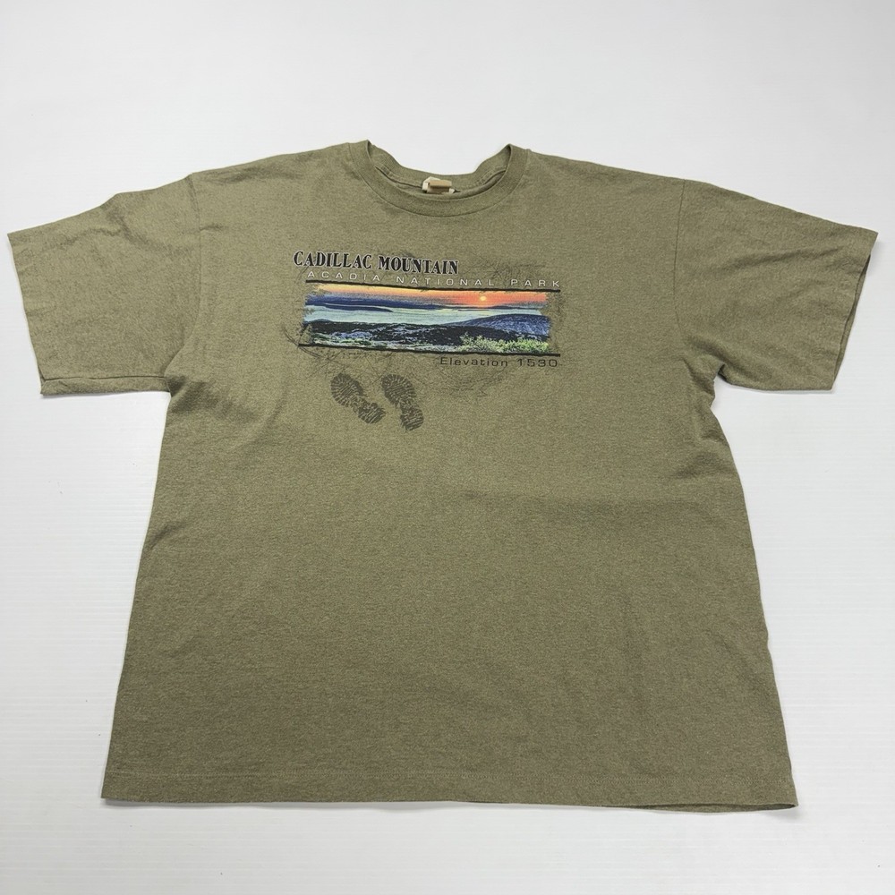 Vtg Acadia National Park Cadillac Mountain Sunset Scene Mens Shirt XL Green USA-image