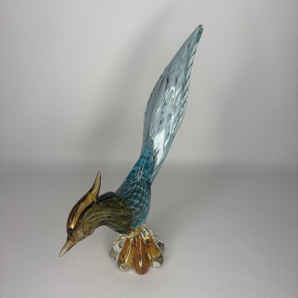 Pheasant Figurine - Hand Blown Glass Blue Gold - 10.5“ Tall - Murano-like