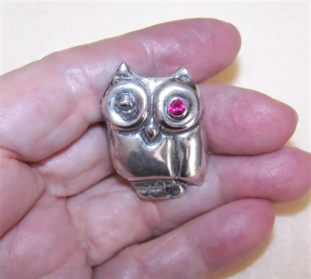 Made in Mexico Mexican Sterling Silver Pin Brooch - Owl with Pink Topaz Eye