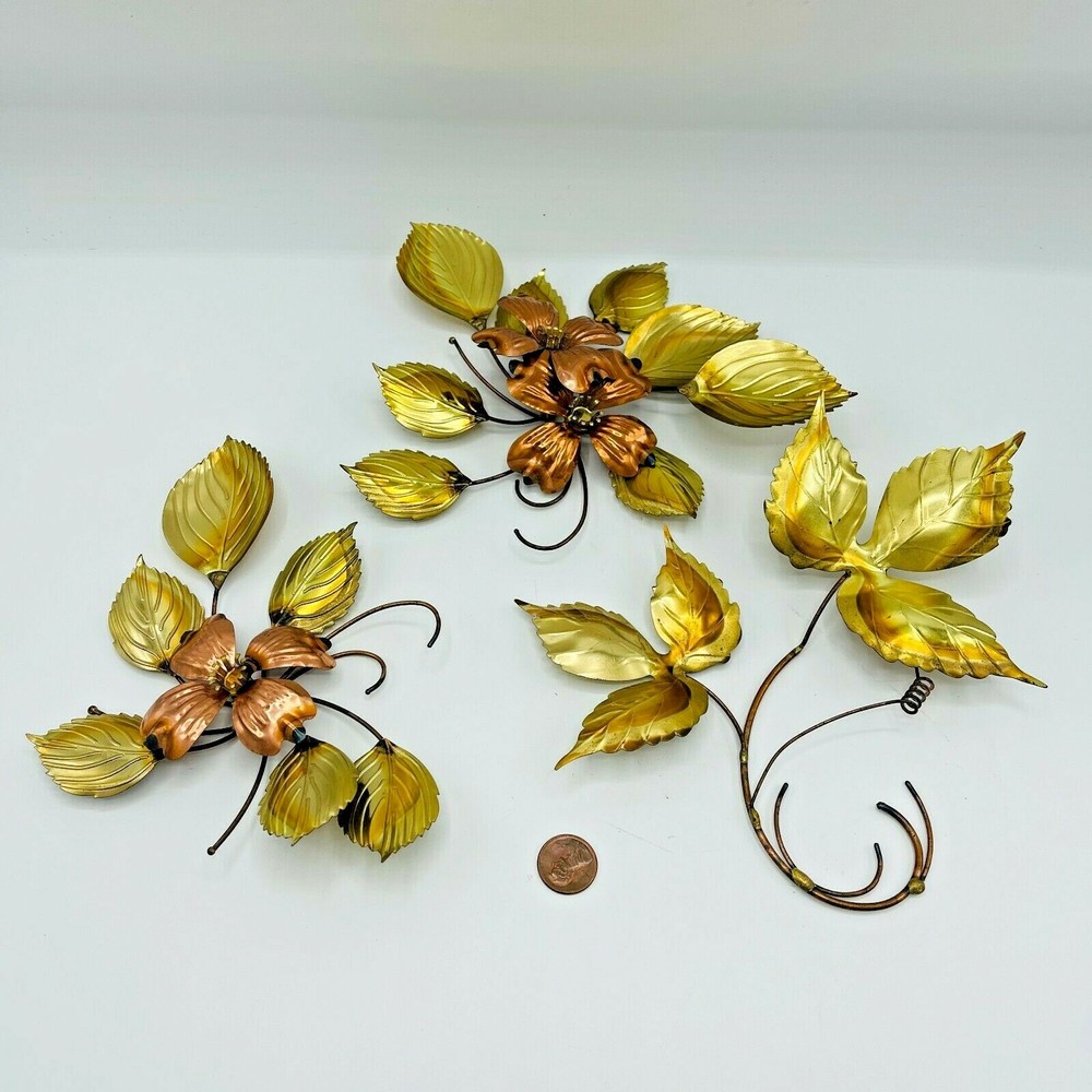 Vintage MCM Floral Copper & Brass Sculpture Wall Art Flowers Leaves