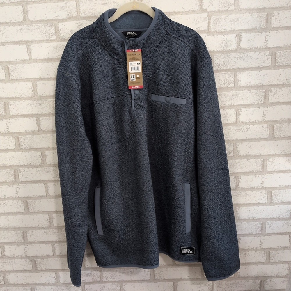 NWT Eddie Bauer Men’s XL Classic Sweater Fleece 1/4 Button Blue Heathered New