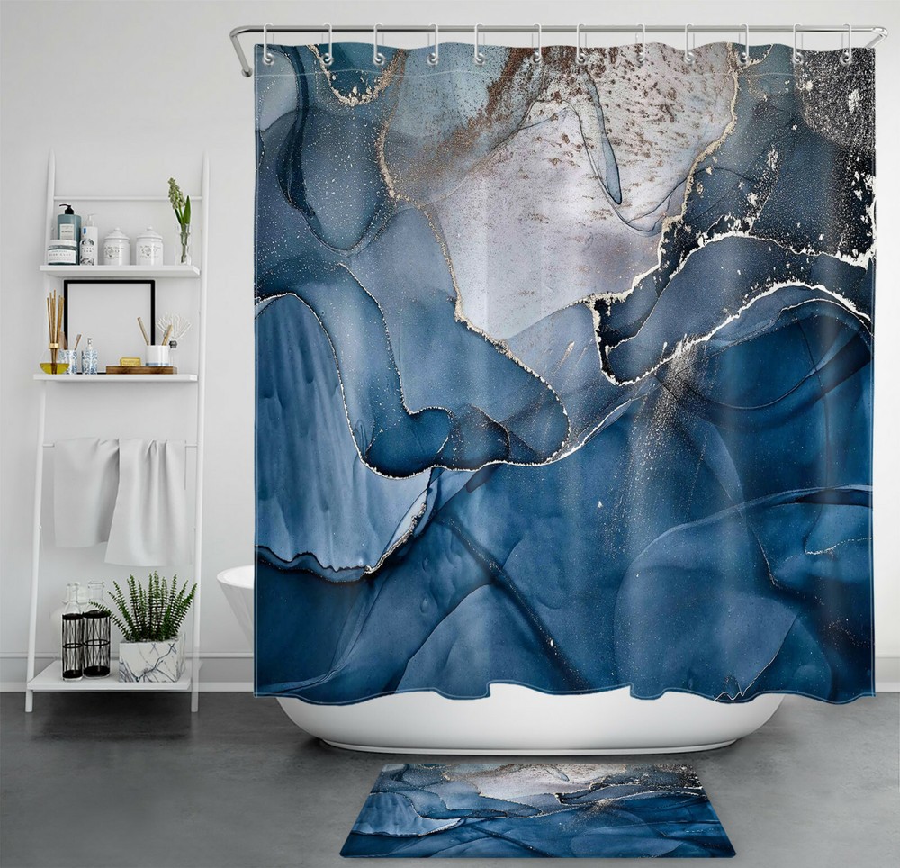 Abstract Art Modern Blue Marble Texture Shower Curtain Bathroom Accessories Set-image