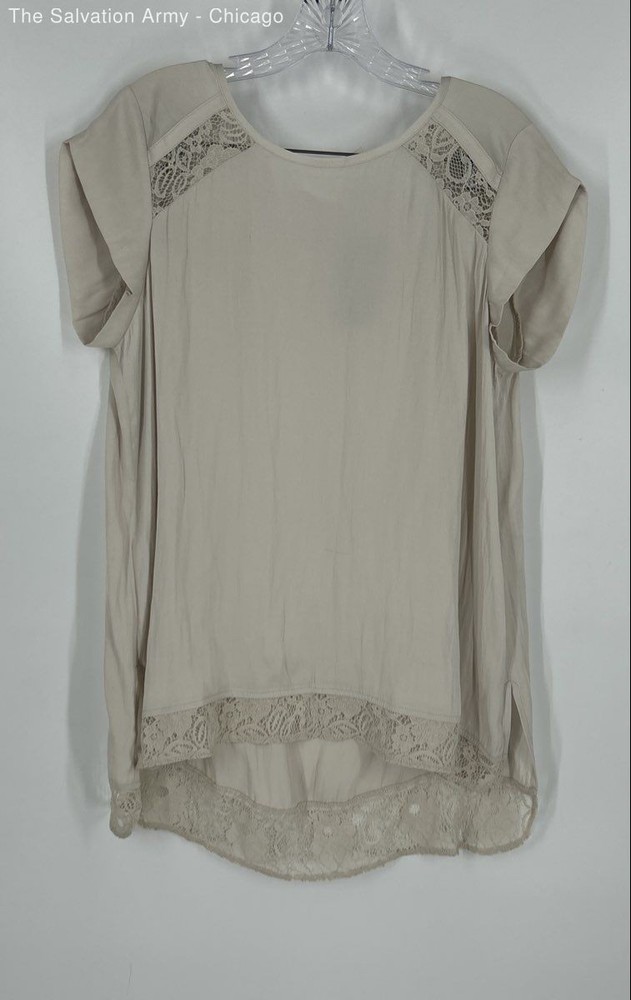 Chico's Womens Beige Lace Round Neck Short Sleeve Pullover Tunic Blouse Top Sz 1