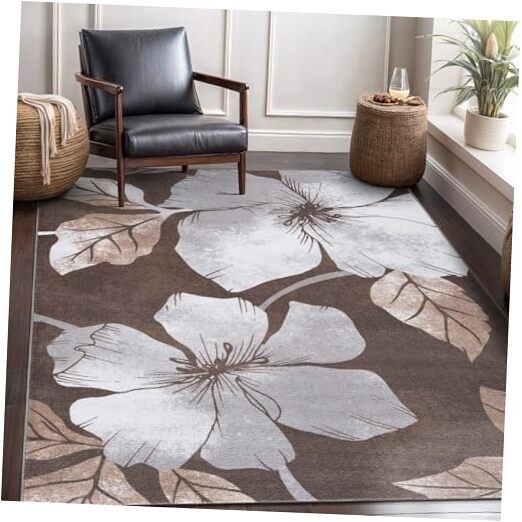 Solana Modern Floral 5x7 Non-Slip Gray Area Rug with Rubber Backing