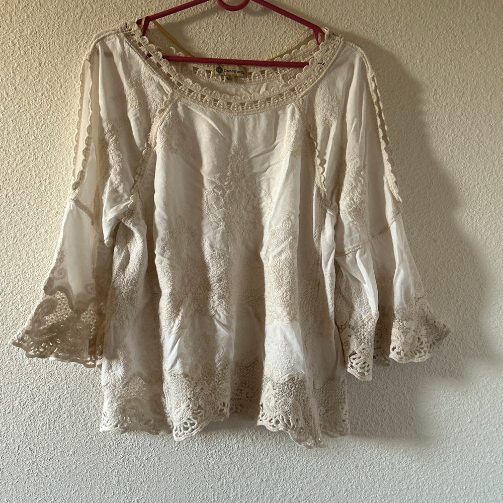 Democracy Bohemian Boho Hippie Crochet knit Blouse Women’s Small White Beige