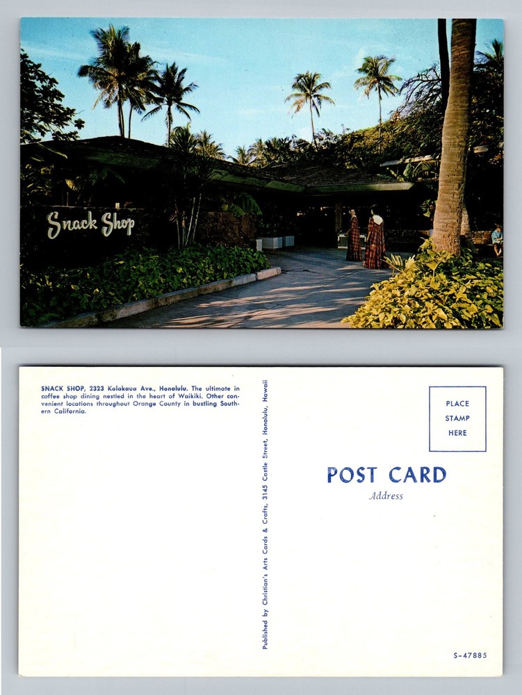 Honolulu, HI-Hawaii, Snack Shop Kalakaua Ave Waikiki Palm Trees Vintage Postcard