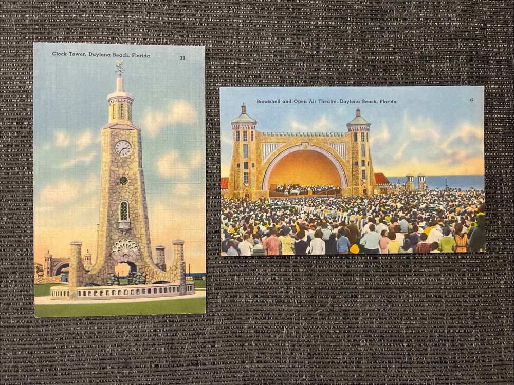 Vintage Linen Postcard Daytona Beach, FL~The Clock Tower, Beach & Bandshell